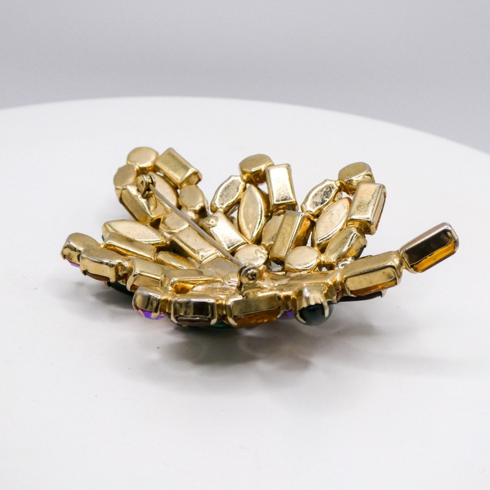Vintage Rhinestone Leaf Extra Large 3.3" Gold & Green Statement Brooch Pin - Picture 10 of 12